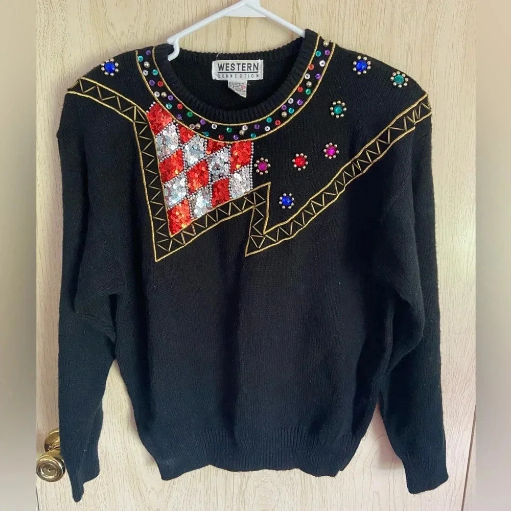 🖤Vintage Western Collection Embellished Sequins Beads Gem Sweater Shoulder Pads